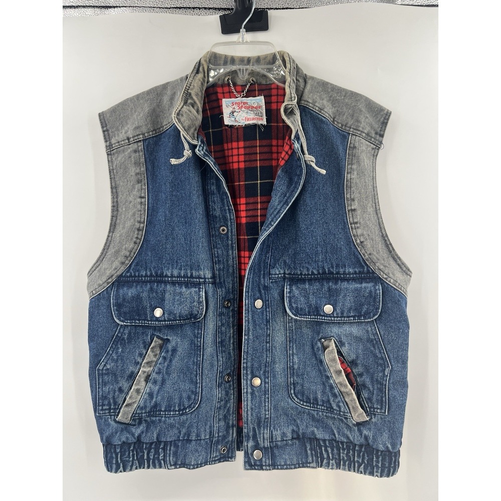 Vintage 1970s Large Denim Flannel Plaid Storm Stopper Mens Womens Fieldston Vest